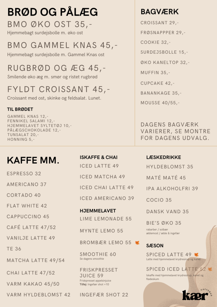 kær kaffebar kaffe menu